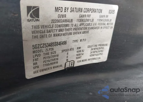 2005 Saturn Vue V6 z USA, uszkodzony, nr VIN 5GZCZ53485S846496